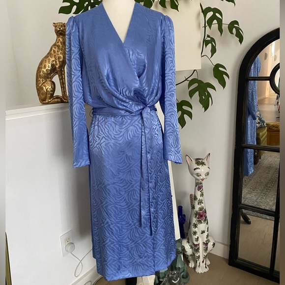 Vintage Dresses & Skirts - 80s Vintage Nu-Mode blue satiny polyester long sleeve blue dress Medium
